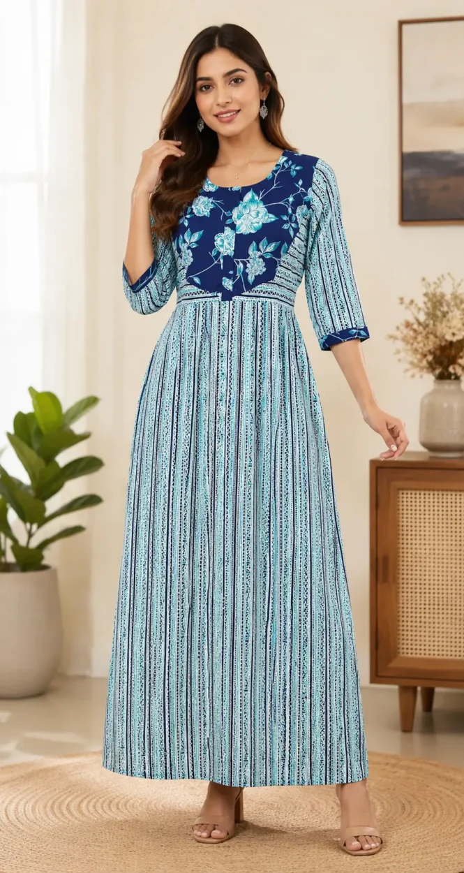 Masha Long Sleeve Frock Nighty Soft Cotton Printed Night Dress for Women
