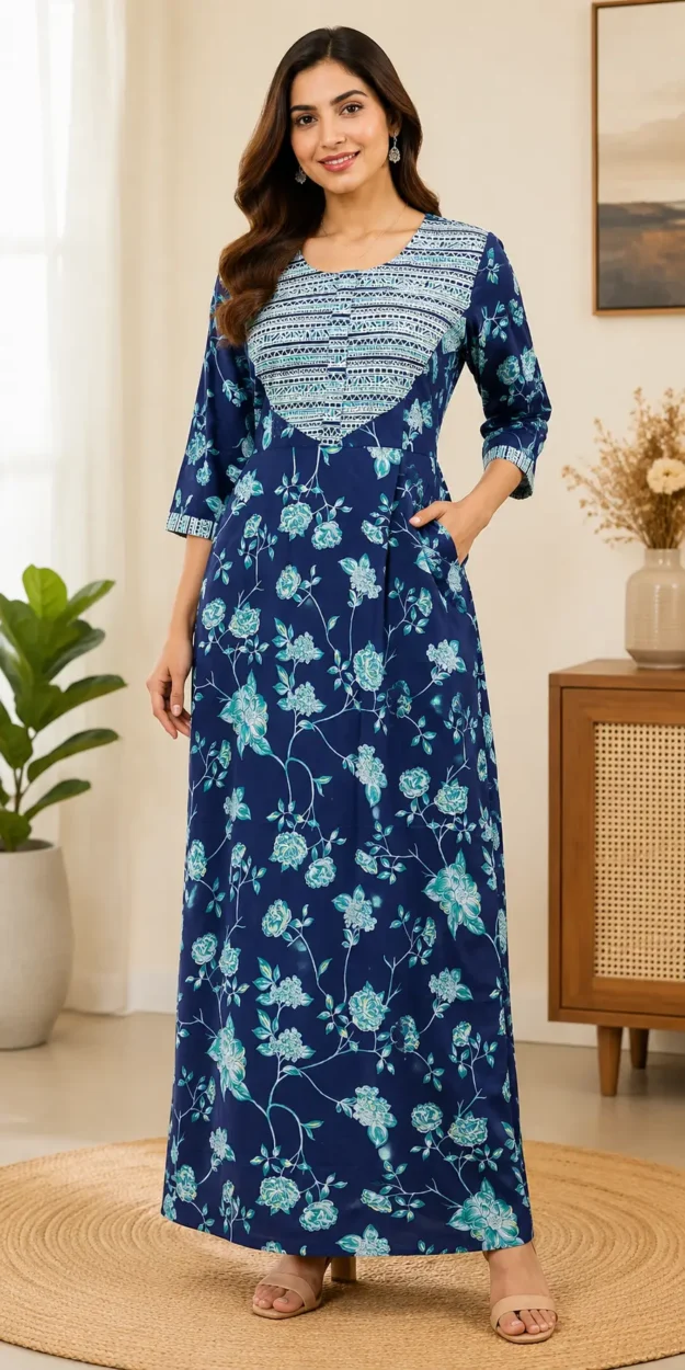 Masha Long Sleeve Frock Nighty Soft Cotton Printed Night Dress for Women