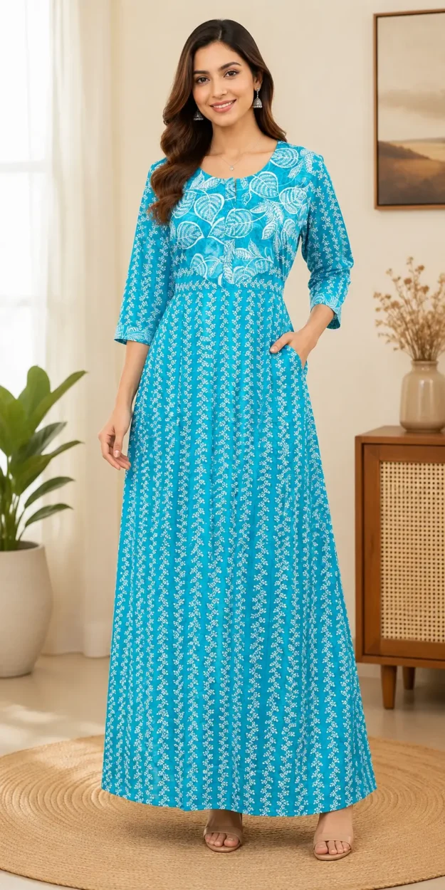 Masha Long Sleeve Frock Nighty Soft Cotton Printed Night Dress for Women