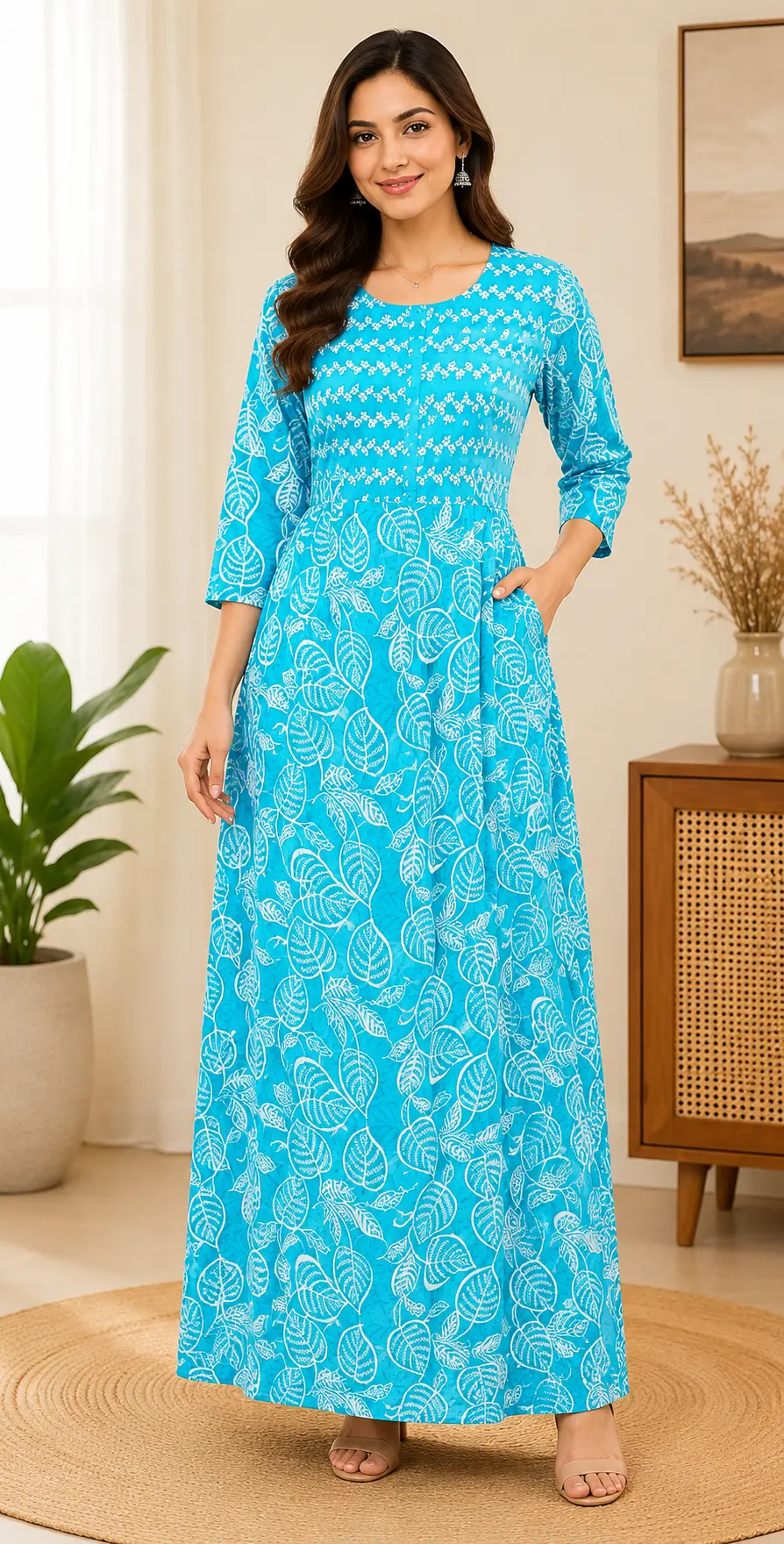 Masha Long Sleeve Frock Nighty Soft Cotton Printed Night Dress for Women