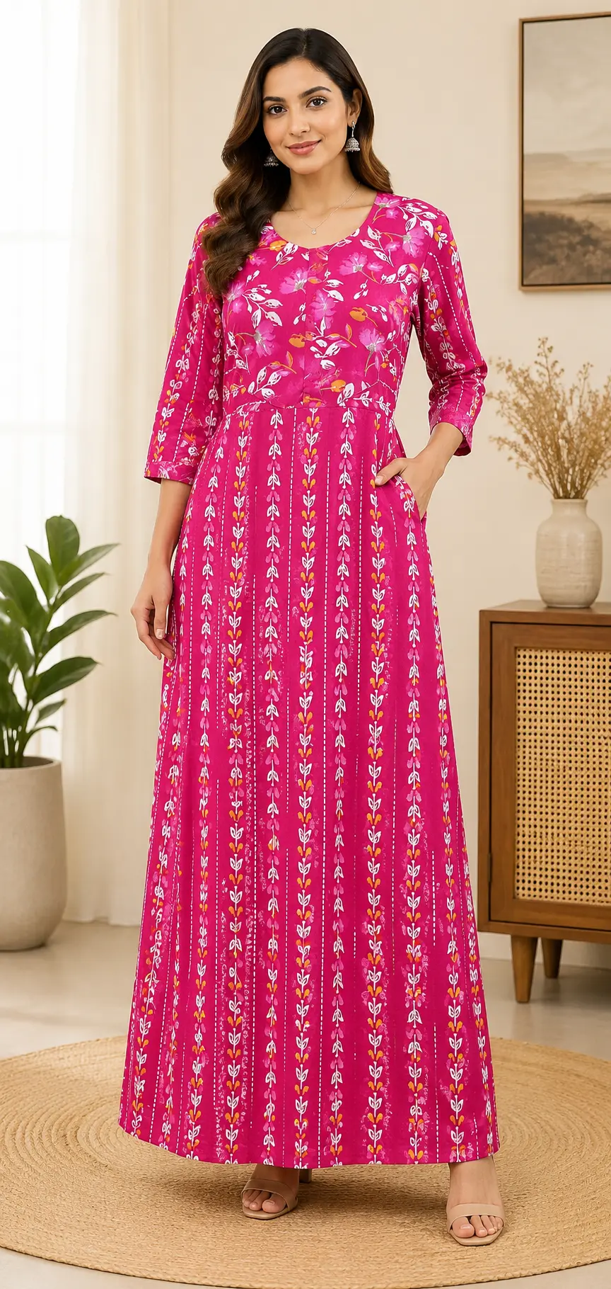 Masha Long Sleeve Frock Nighty Soft Cotton Printed Night Dress for Women