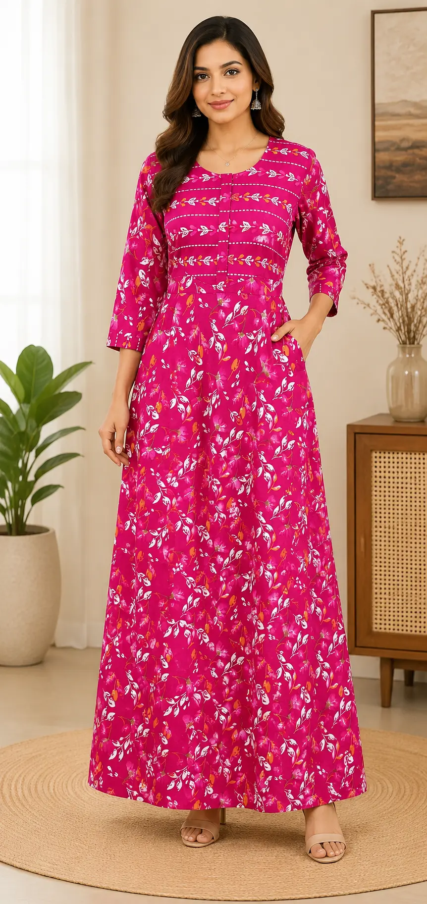 Masha Long Sleeve Frock Nighty Soft Cotton Printed Night Dress for Women