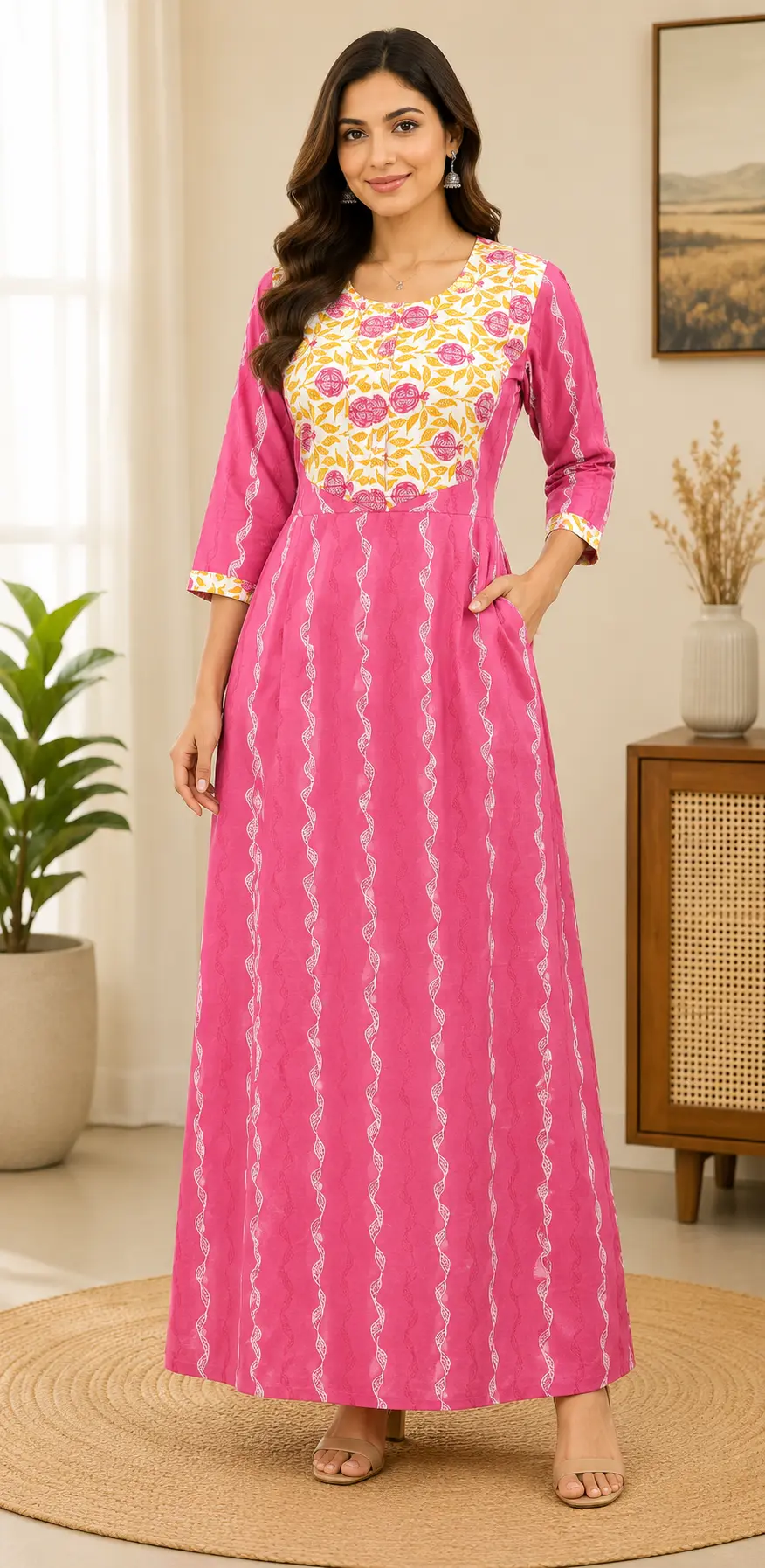 Masha Long Sleeve Frock Nighty Soft Cotton Printed Night Dress for Women