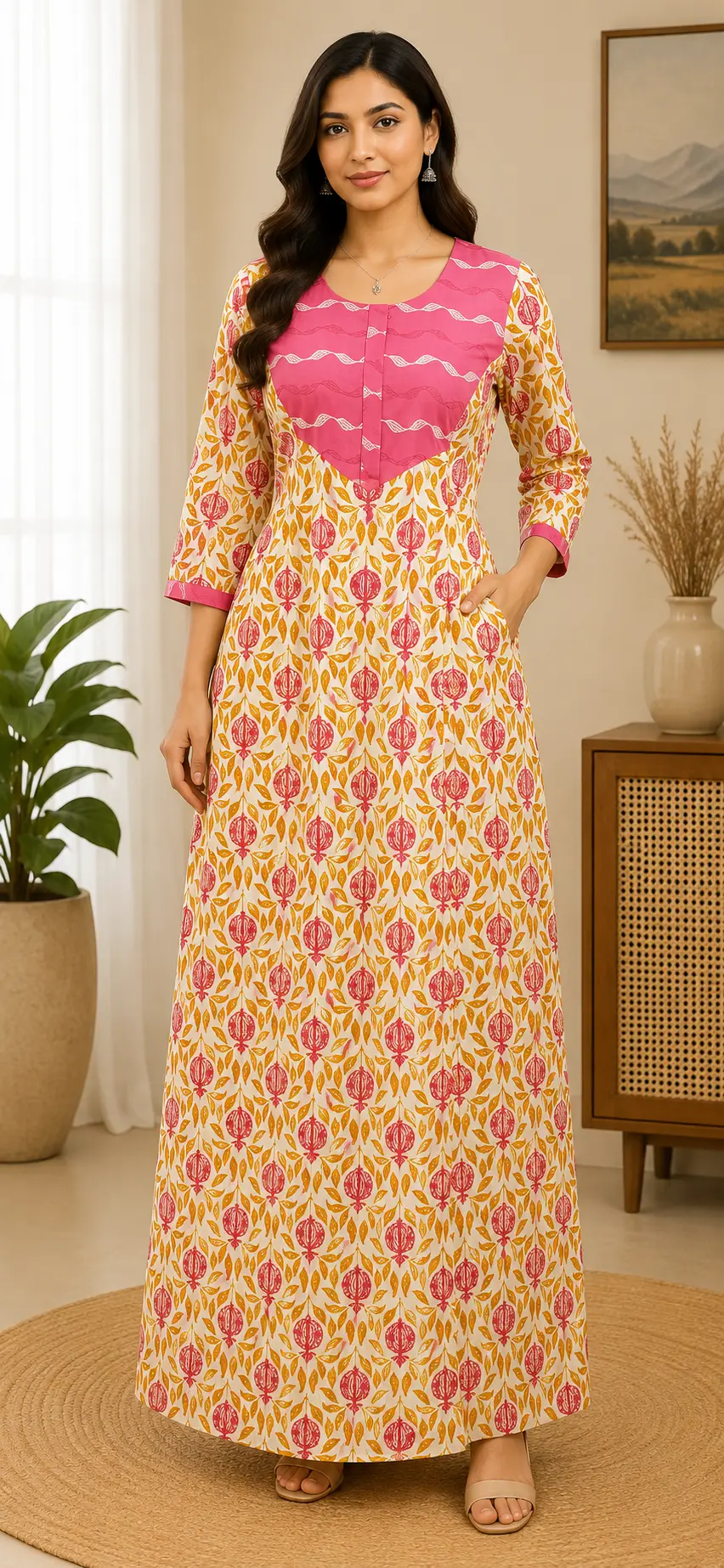 Masha Long Sleeve Frock Nighty Soft Cotton Printed Night Dress for Women