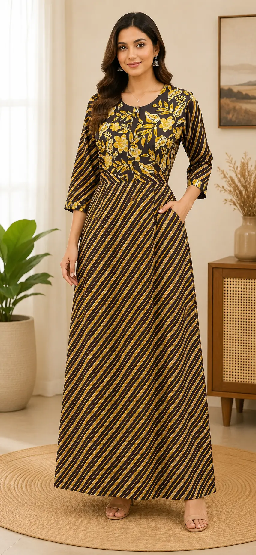 Masha Long Sleeve Frock Nighty Soft Cotton Printed Night Dress for Women