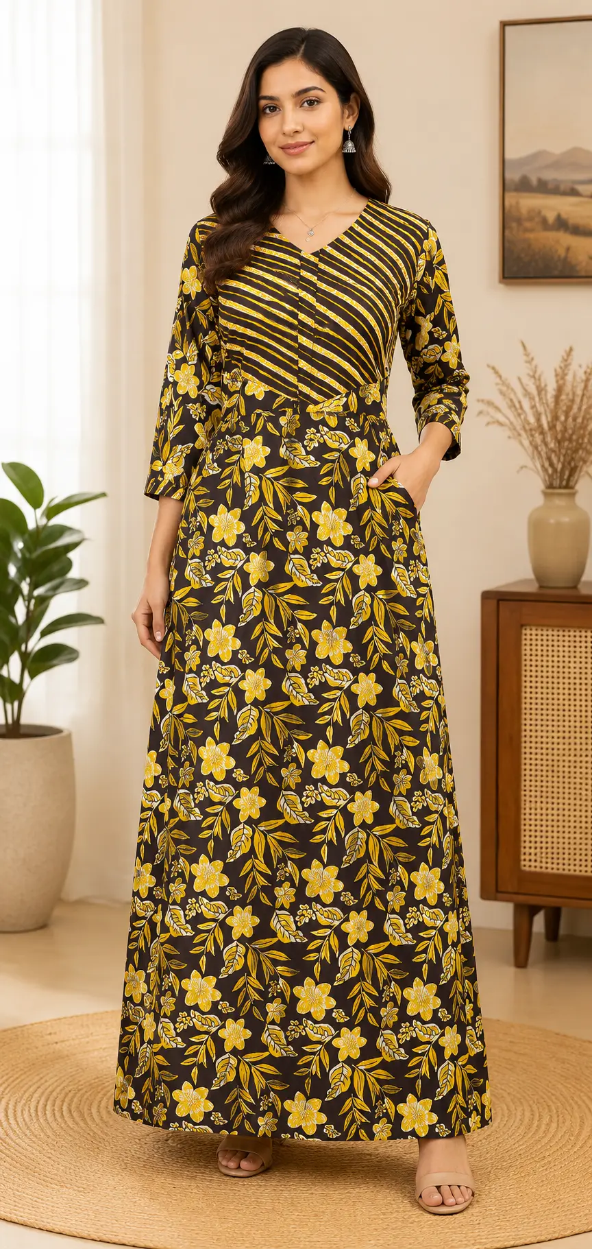 Masha Long Sleeve Frock Nighty Soft Cotton Printed Night Dress for Women