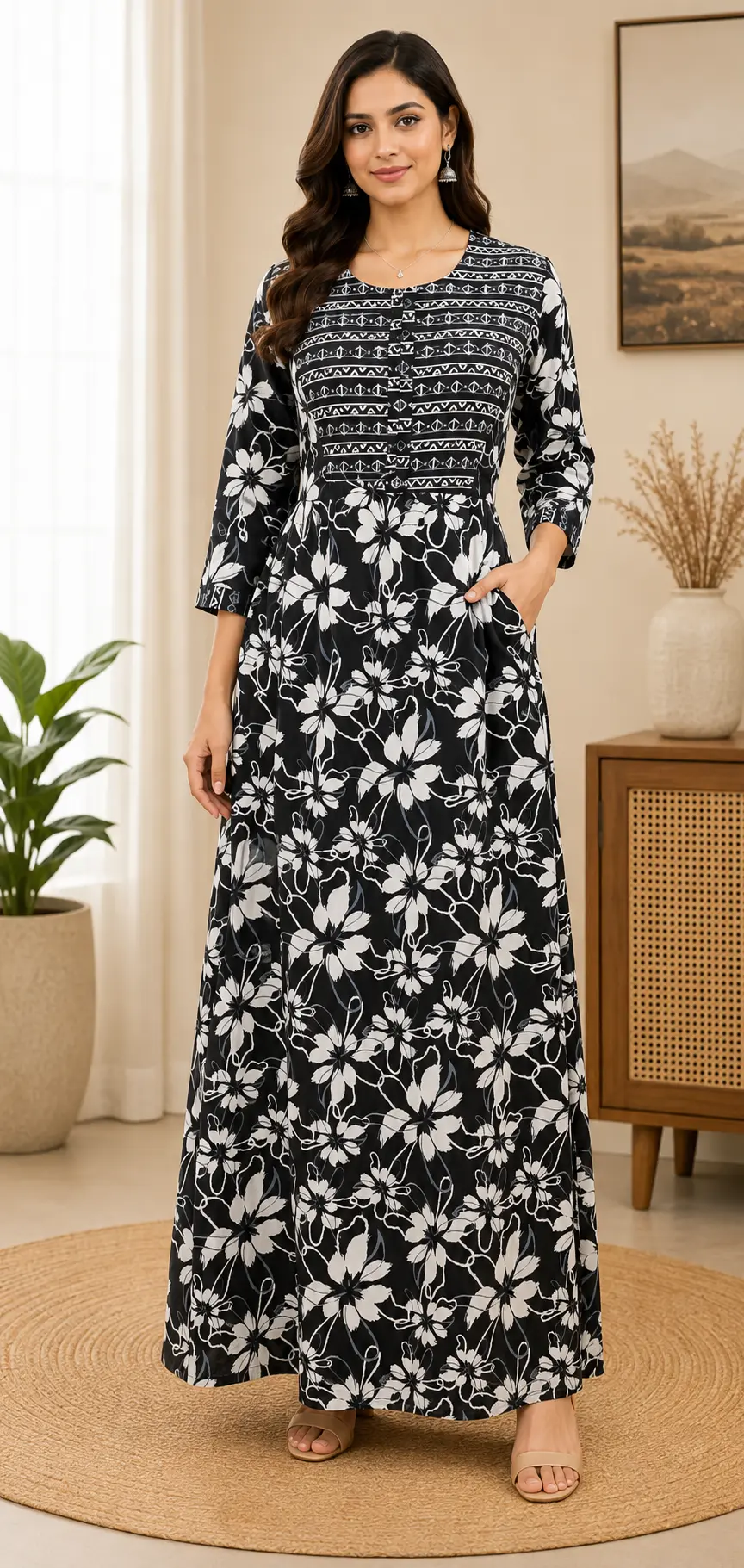 Masha Long Sleeve Frock Nighty Soft Cotton Printed Night Dress for Women
