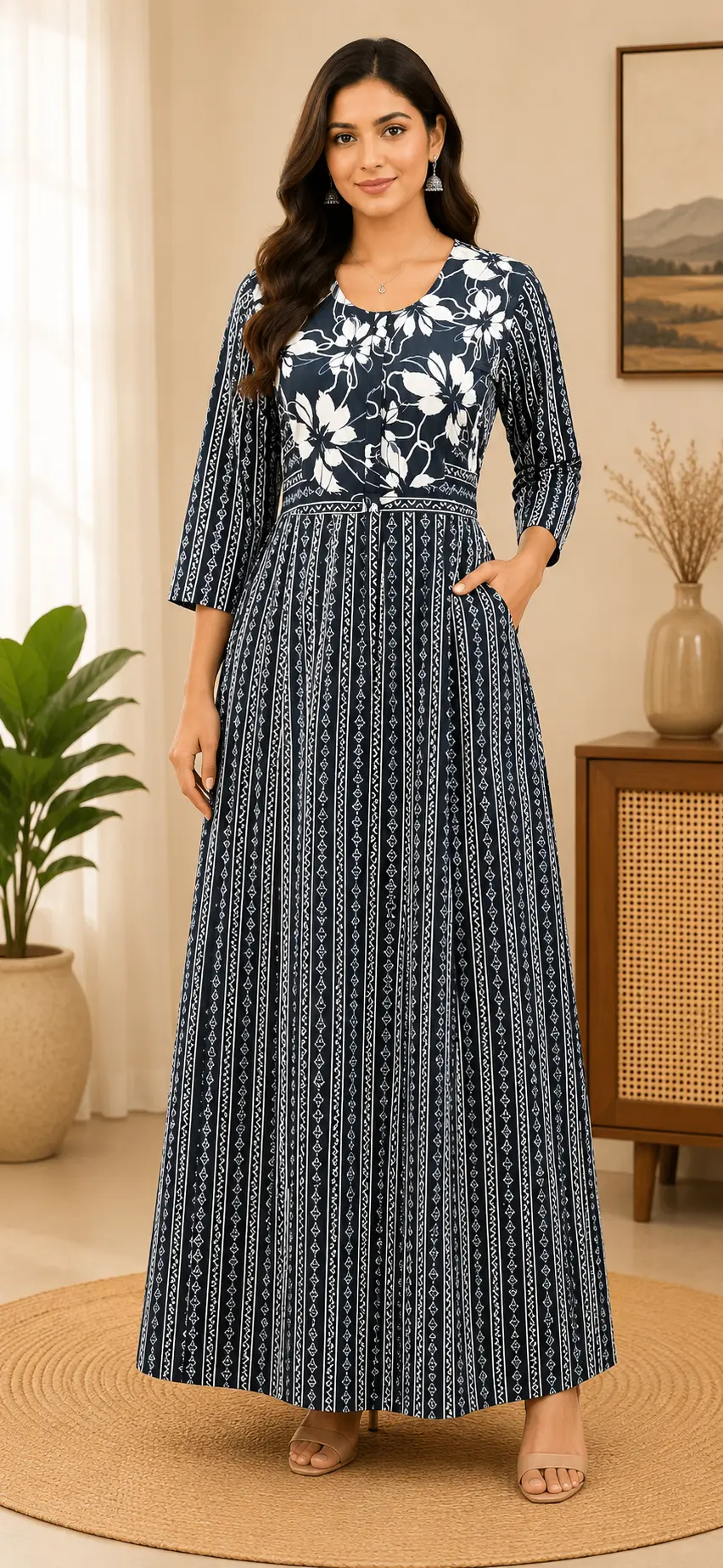 Masha Long Sleeve Frock Nighty Soft Cotton Printed Night Dress for Women