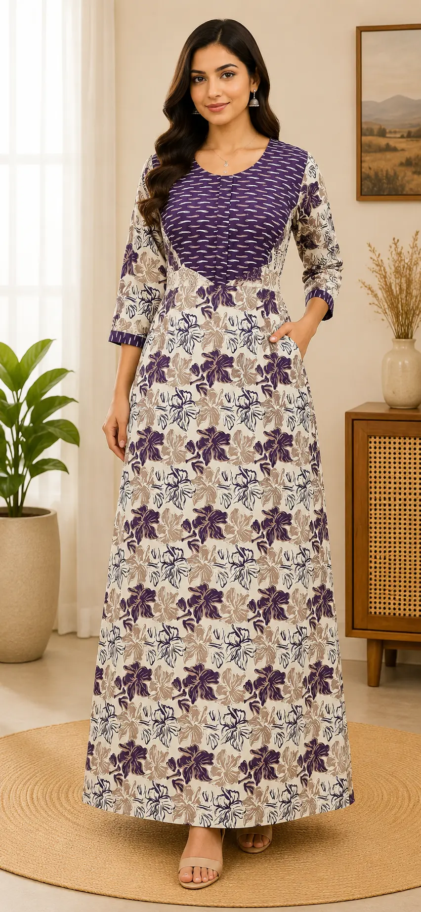 Masha Long Sleeve Frock Nighty Soft Cotton Printed Night Dress for Women