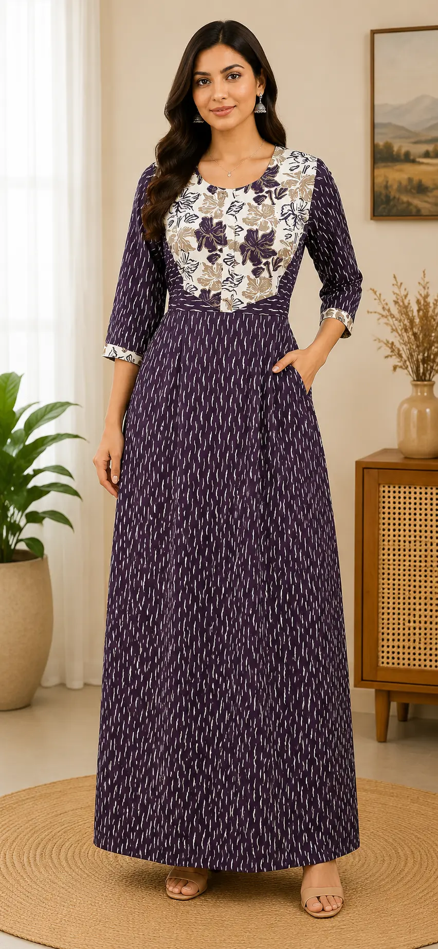 Masha Long Sleeve Frock Nighty Soft Cotton Printed Night Dress for Women