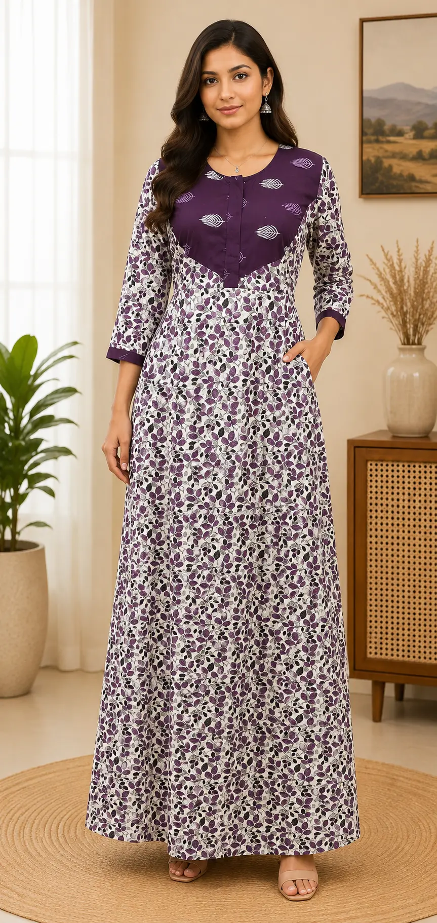Masha Long Sleeve Frock Nighty Soft Cotton Printed Night Dress for Women