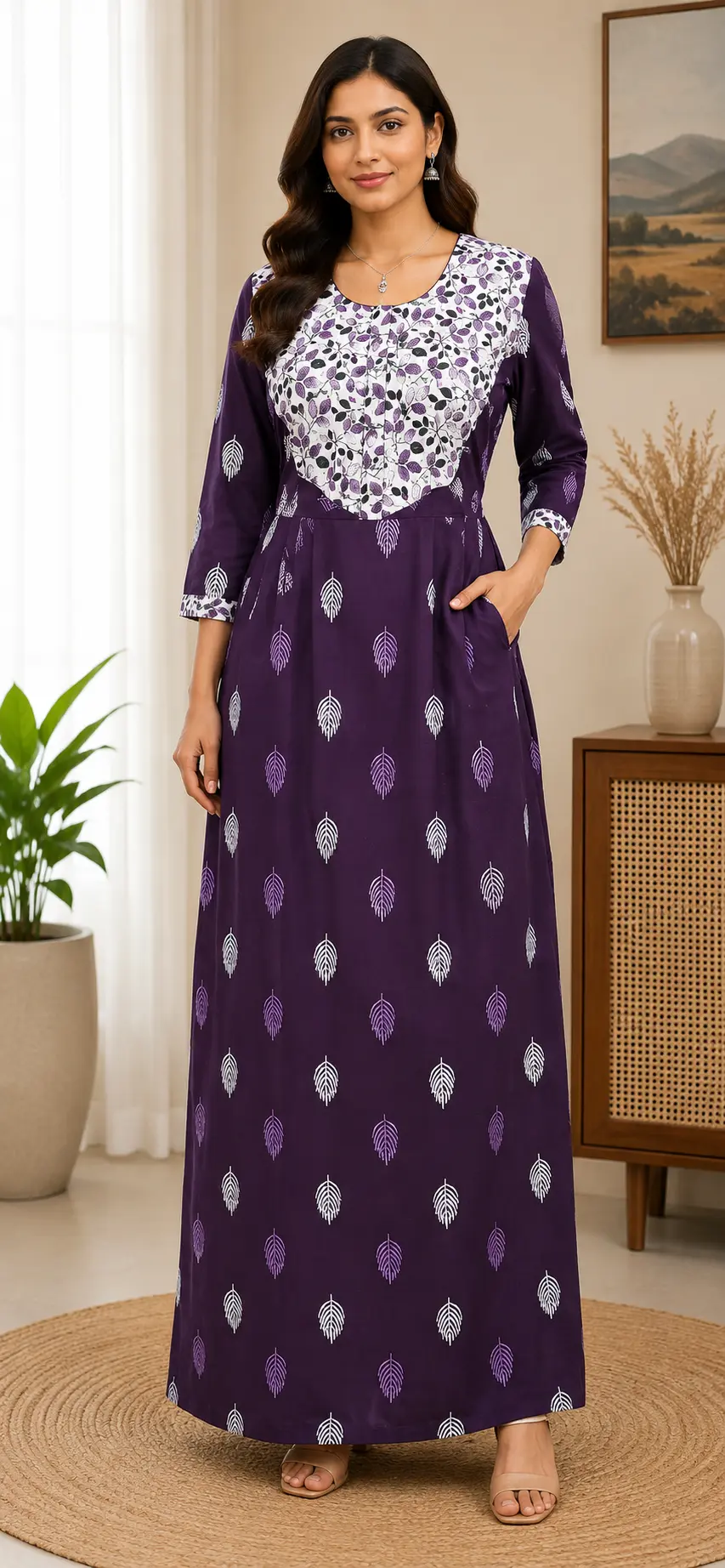 Masha Long Sleeve Frock Nighty Soft Cotton Printed Night Dress for Women