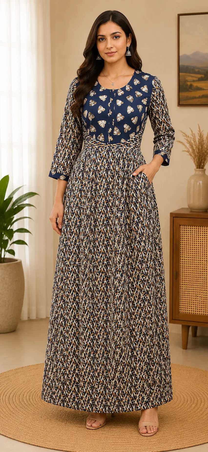 Masha Long Sleeve Frock Nighty Soft Cotton Printed Night Dress for Women