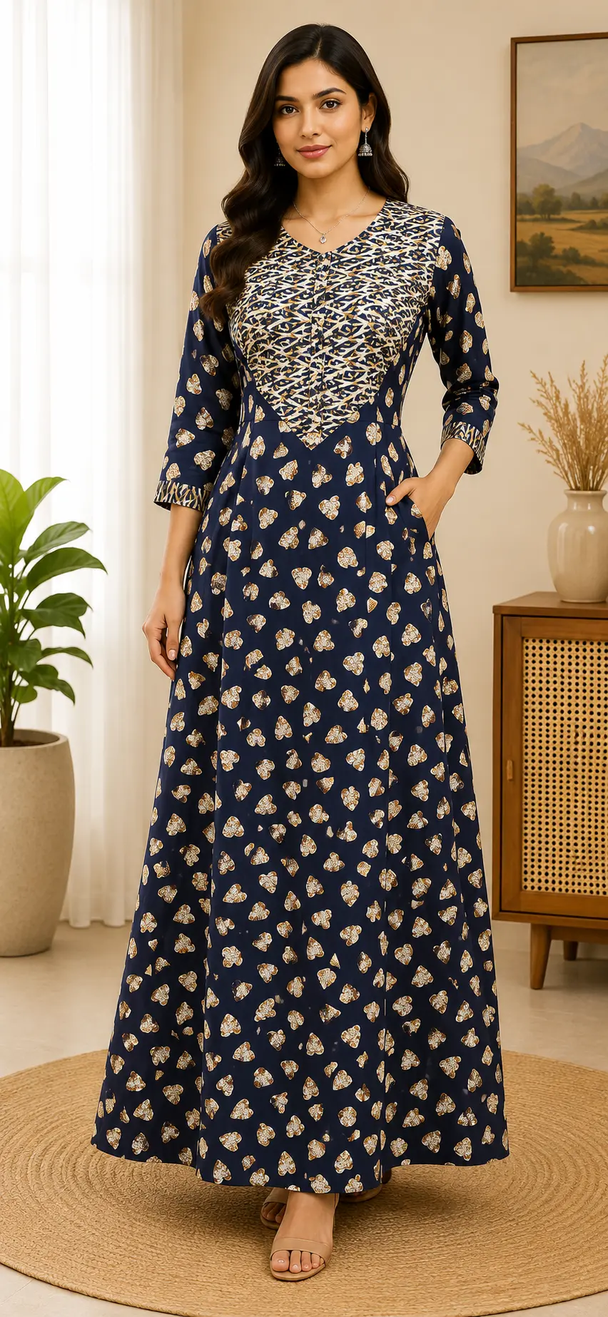 Masha Long Sleeve Frock Nighty Soft Cotton Printed Night Dress for Women