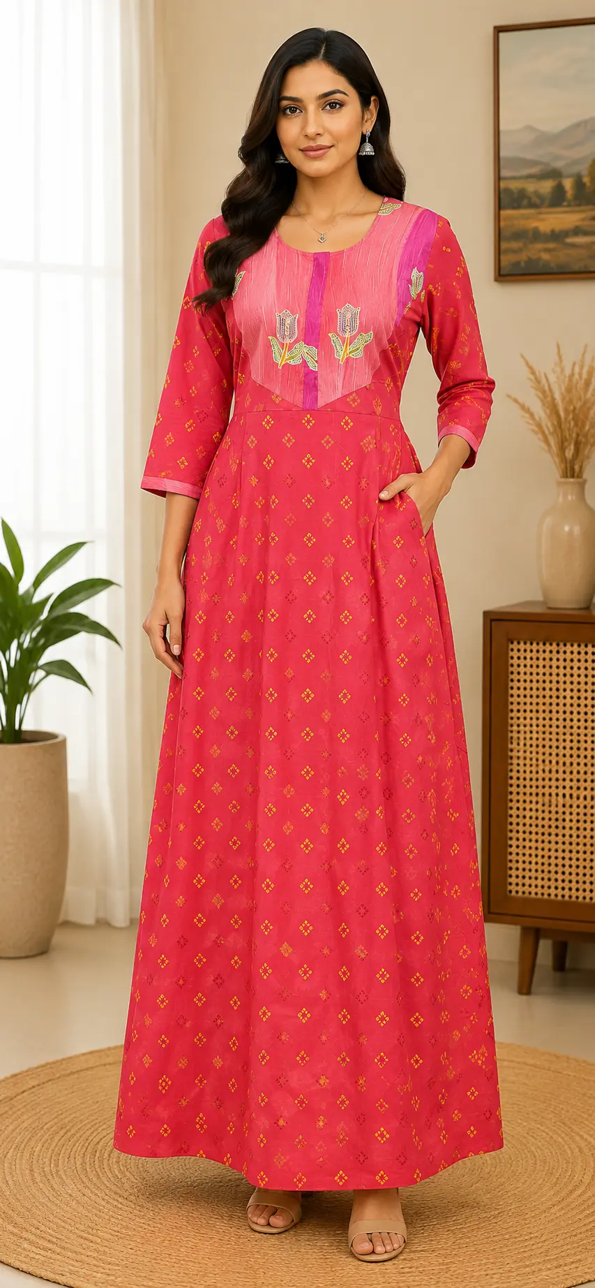 Masha Long Sleeve Frock Nighty Soft Cotton Printed Night Dress for Women