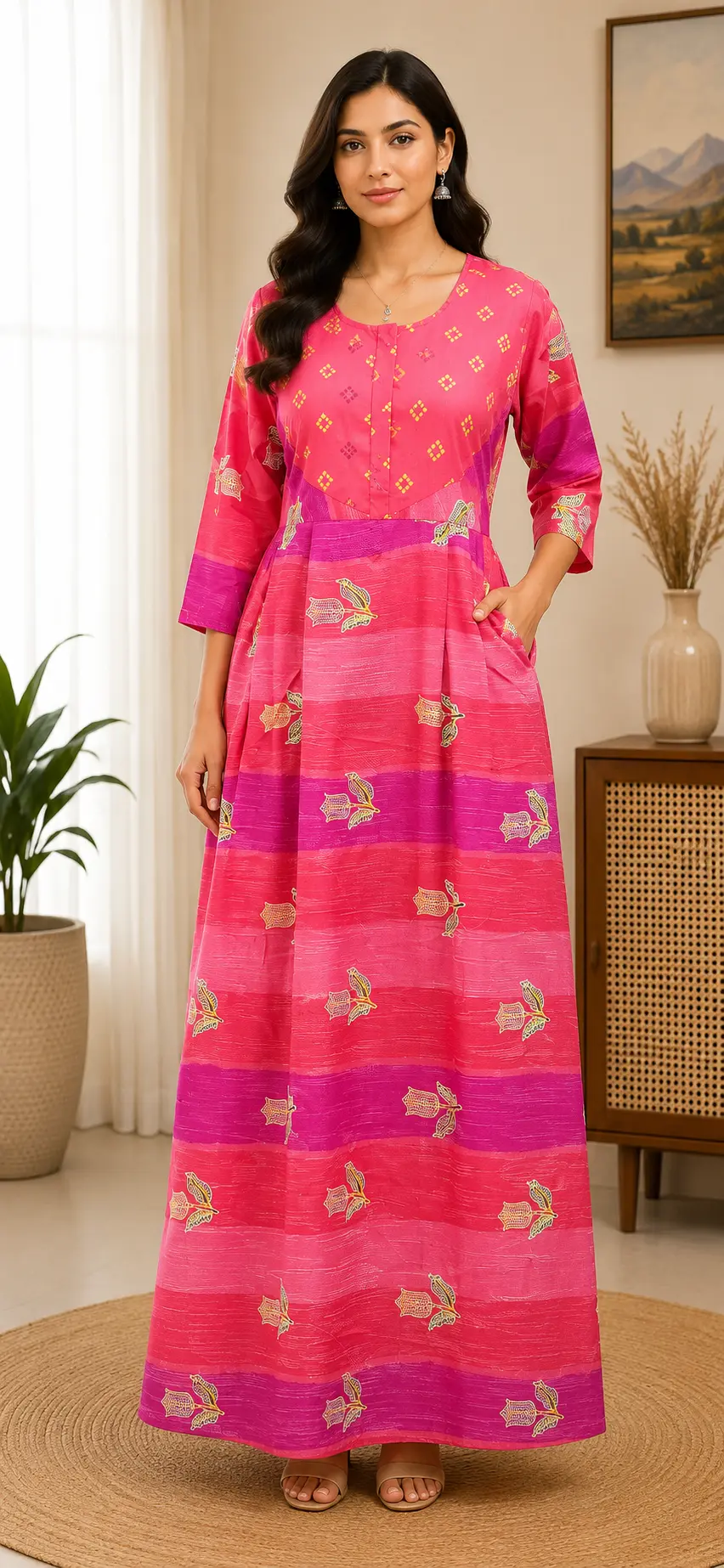 Masha Long Sleeve Frock Nighty Soft Cotton Printed Night Dress for Women