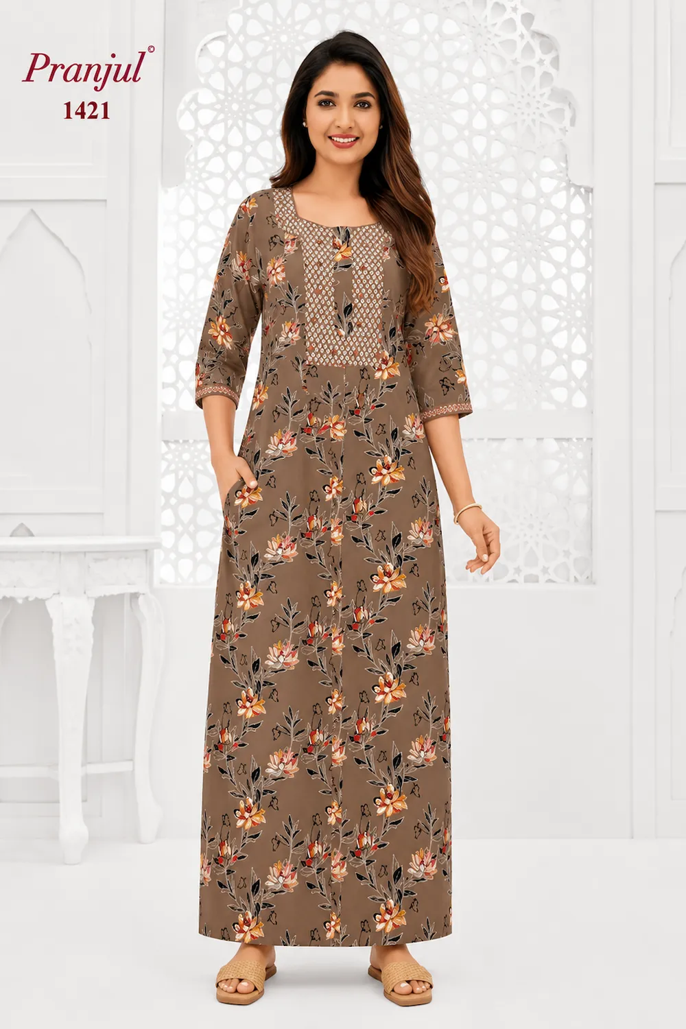 Pranjul Long Sleeve Cotton Nighty for Women