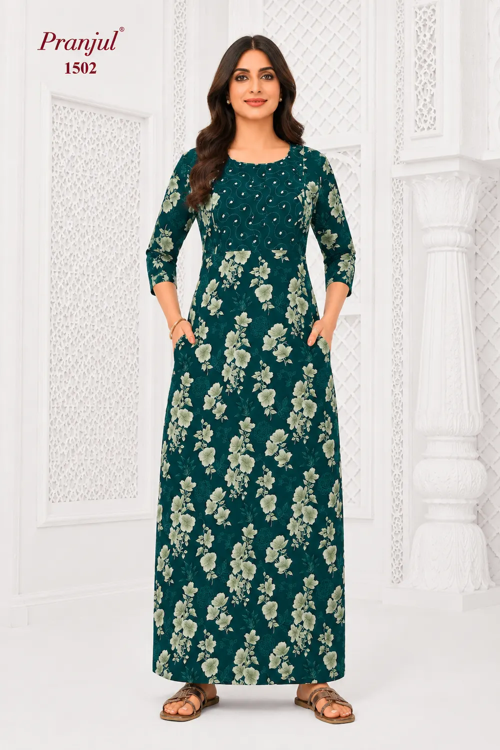 Pranjul Long Sleeve Cotton Nighty for Women