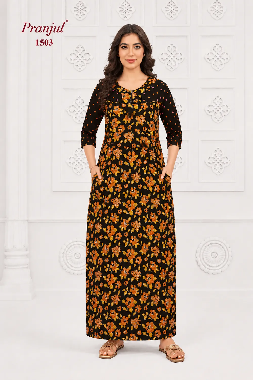 Pranjul Long Sleeve Cotton Nighty for Women