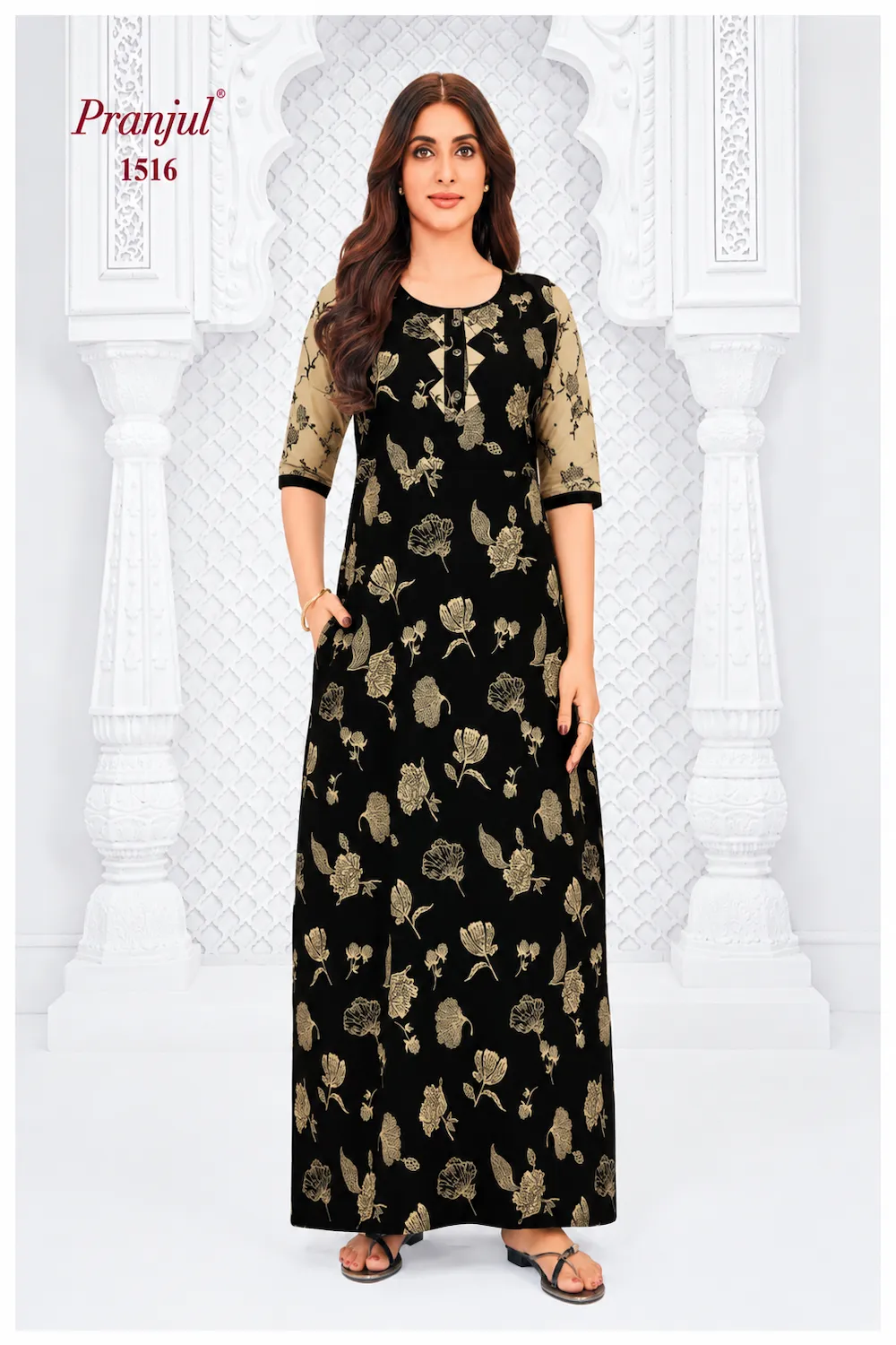 Pranjul Long Sleeve Cotton Nighty for Women