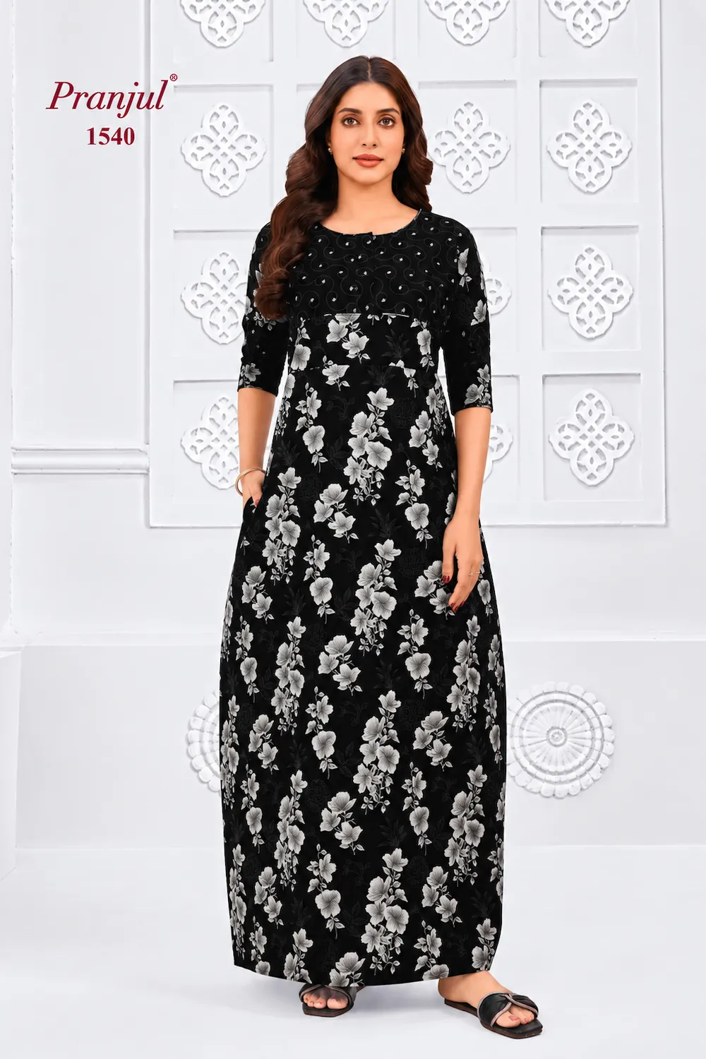 Pranjul Long Sleeve Cotton Nighty for Women