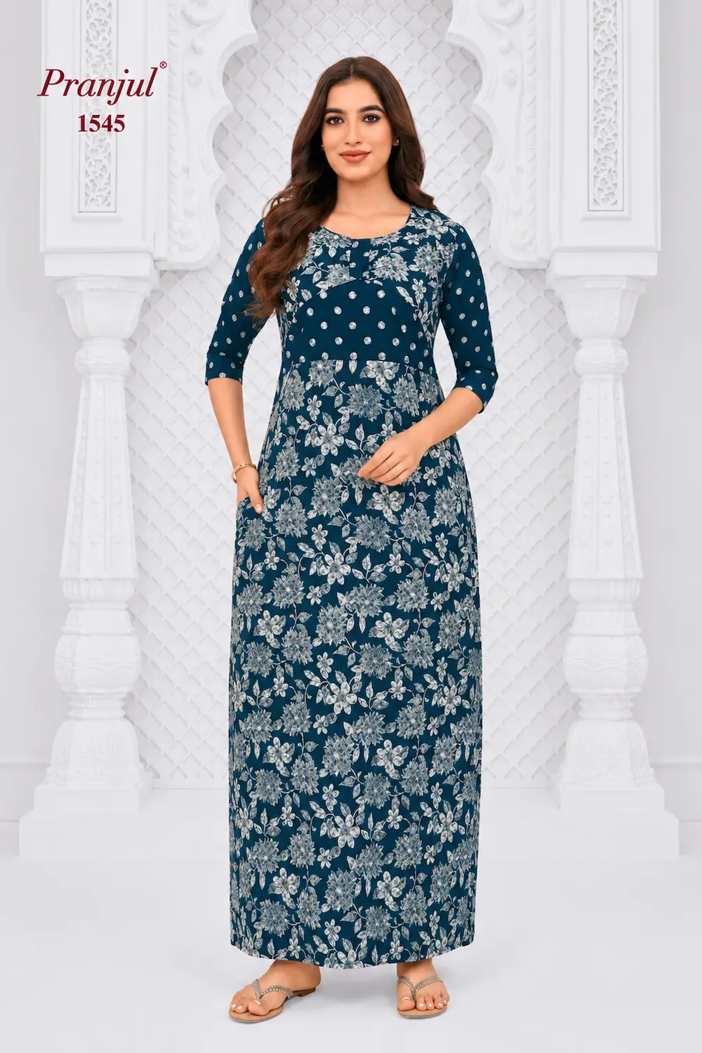 Pranjul Long Sleeve Cotton Nighty for Women