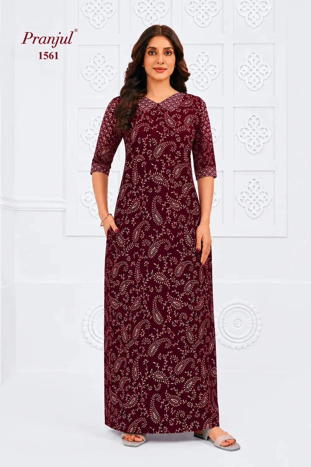 Pranjul Long Sleeve Cotton Nighty for Women
