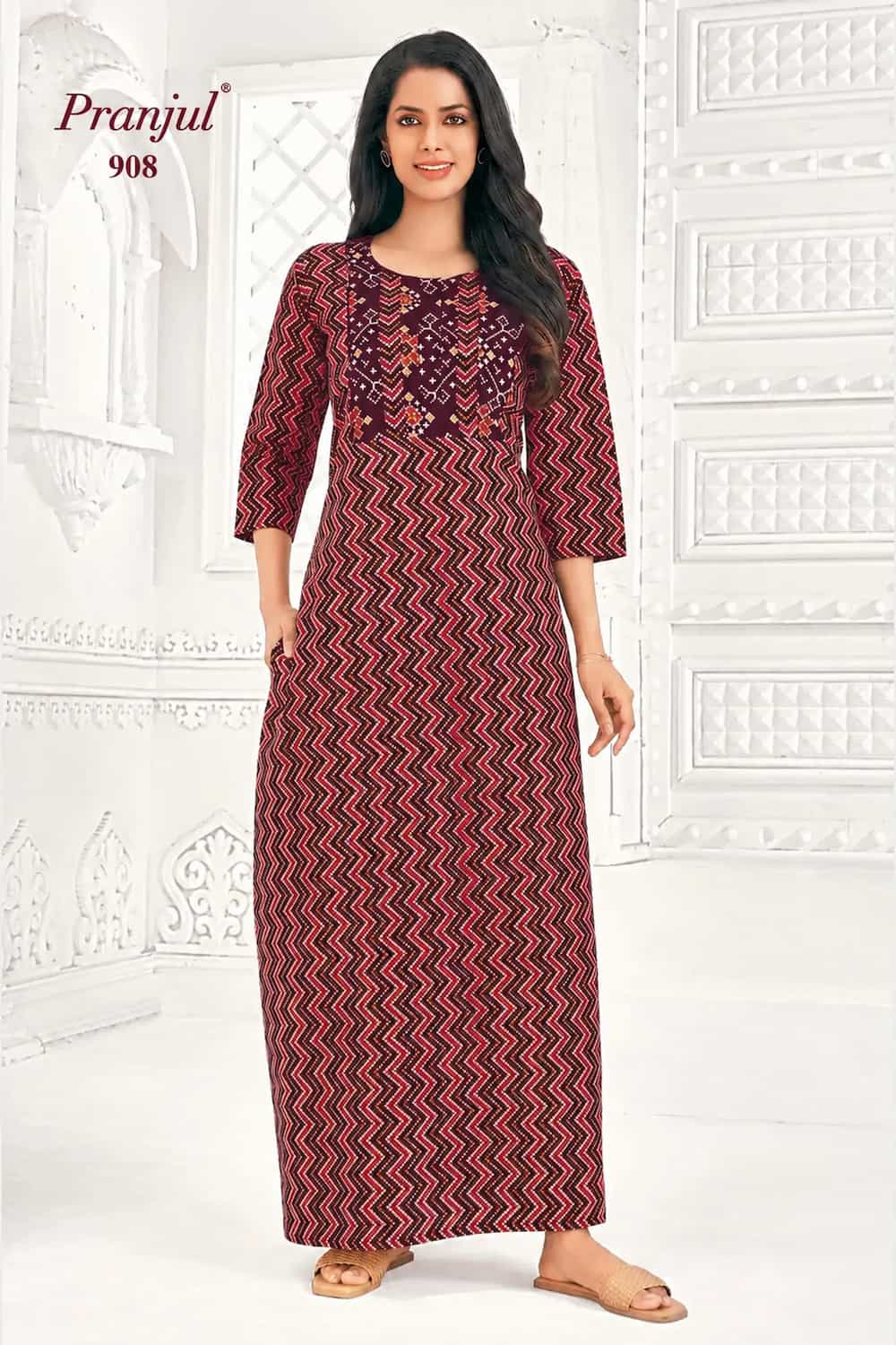 Pranjul Long Sleeve Cotton Nighty for Women