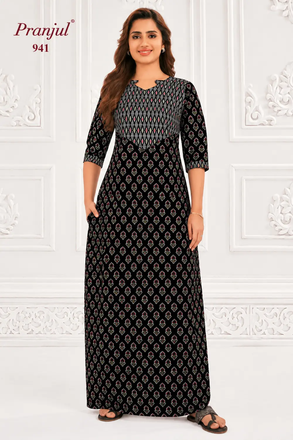Pranjul Long Sleeve Cotton Nighty for Women