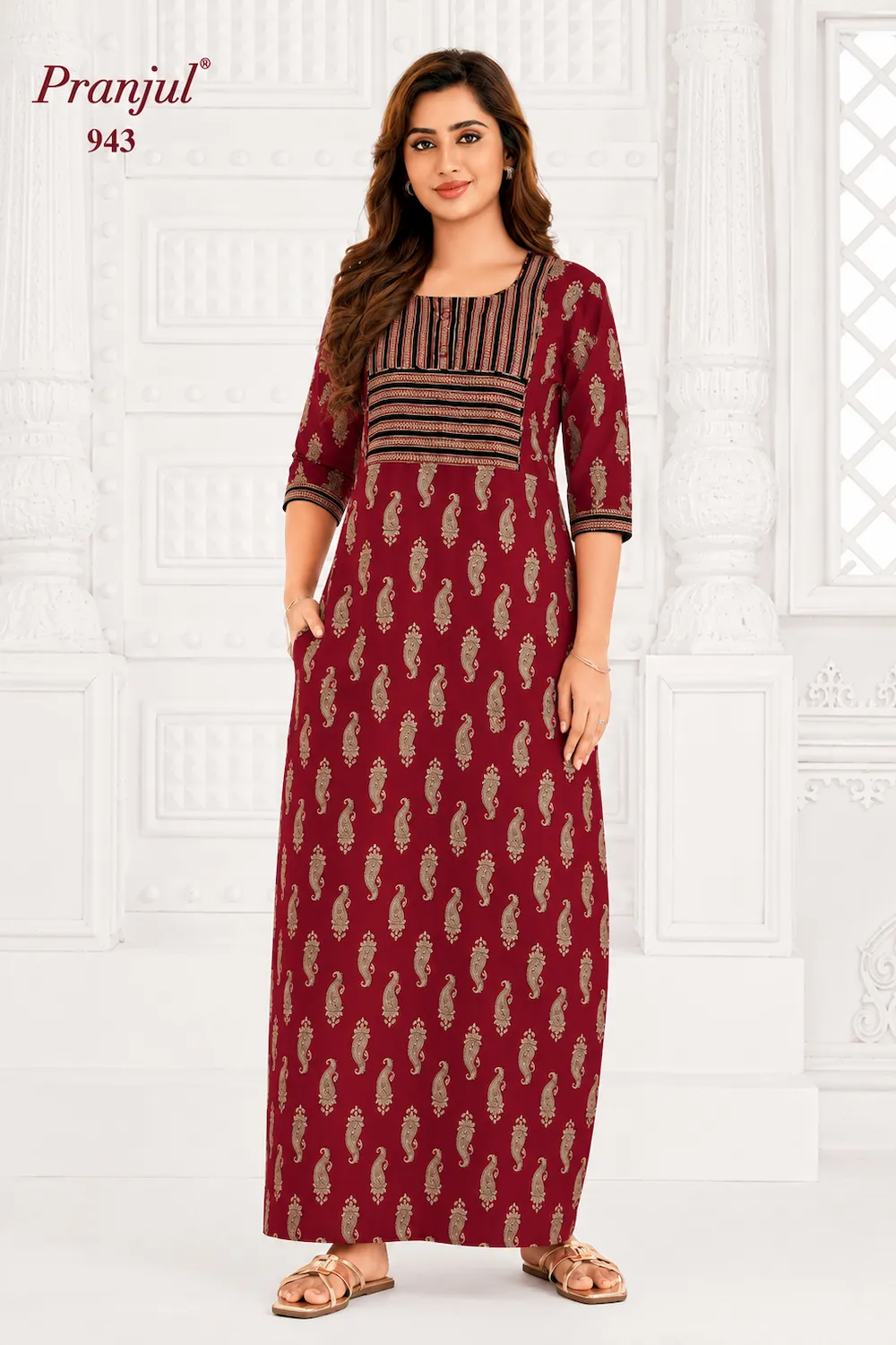 Pranjul Long Sleeve Cotton Nighty for Women
