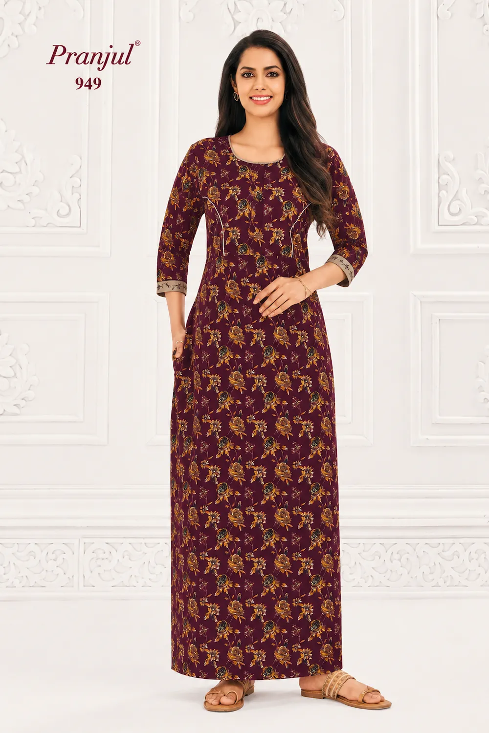 Pranjul Long Sleeve Cotton Nighty for Women