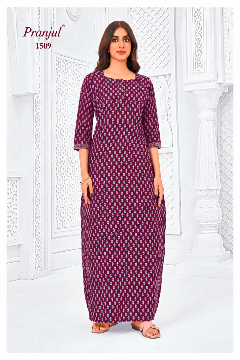 Pranjul Long Sleeve Cotton Nighty for Women